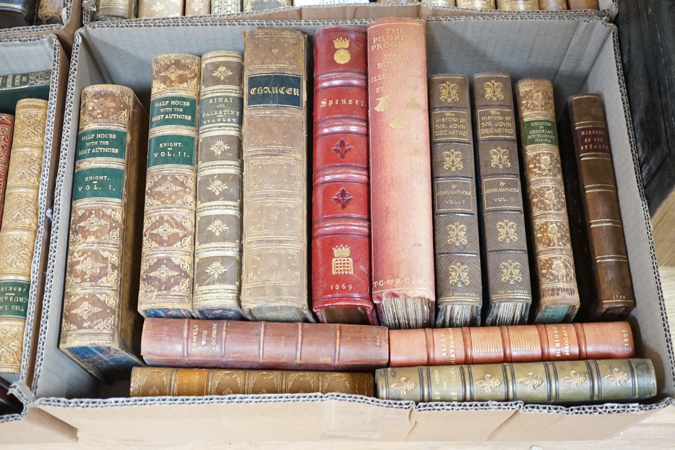 Five boxes of mixed leather bound books, including History of Chrivalry, Chaucer, Stories from Wagner, War and Peace and The Conquest of Granada, including a large leather bound bible